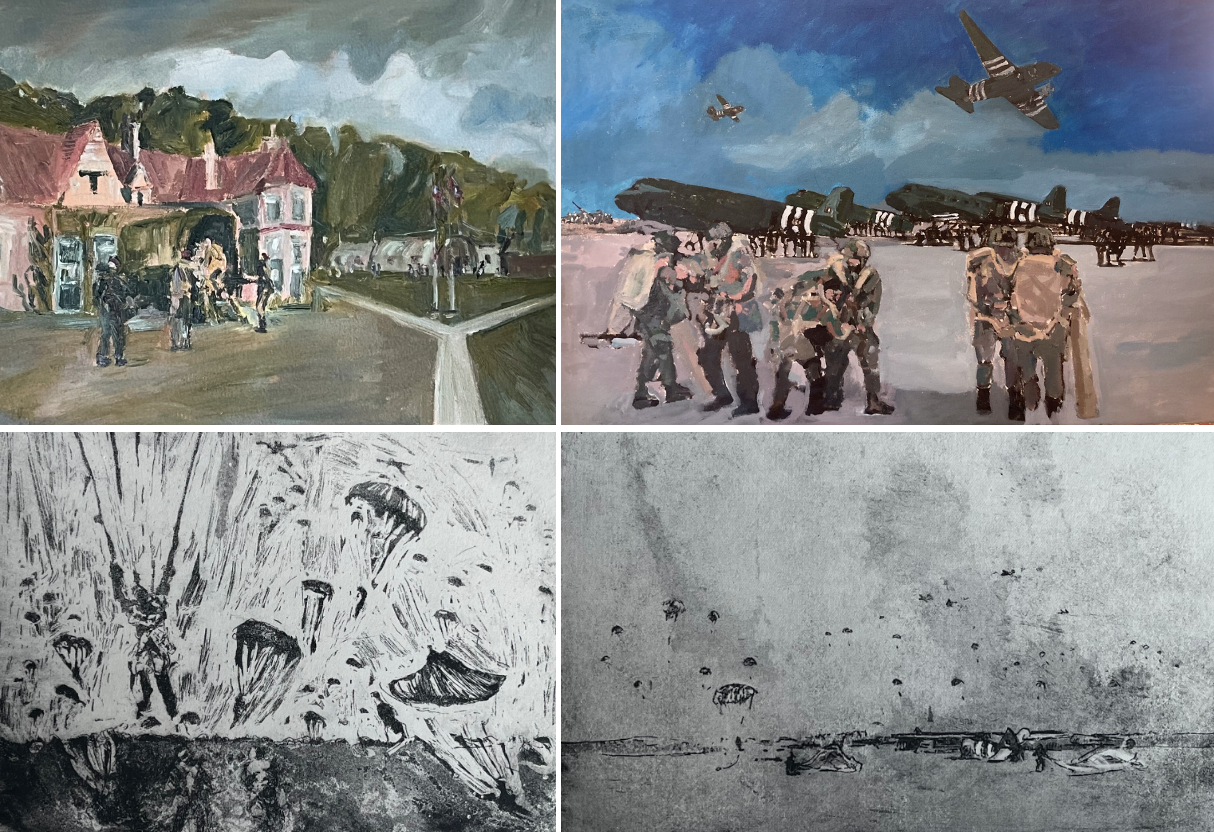 Project artwork by Doug Farthing MBE, a veteran of The Parachute Regiment. Clockwise from top left: Fulbeck Manor with Nissen huts in background and troops unloading a vehicle in foreground; paratroopers checking equipment at Fulbeck Airfield before departing for Holland; C company, 2 Para at Drop Zone X; and an abstract piece entitled, “Put us down in Holland”   