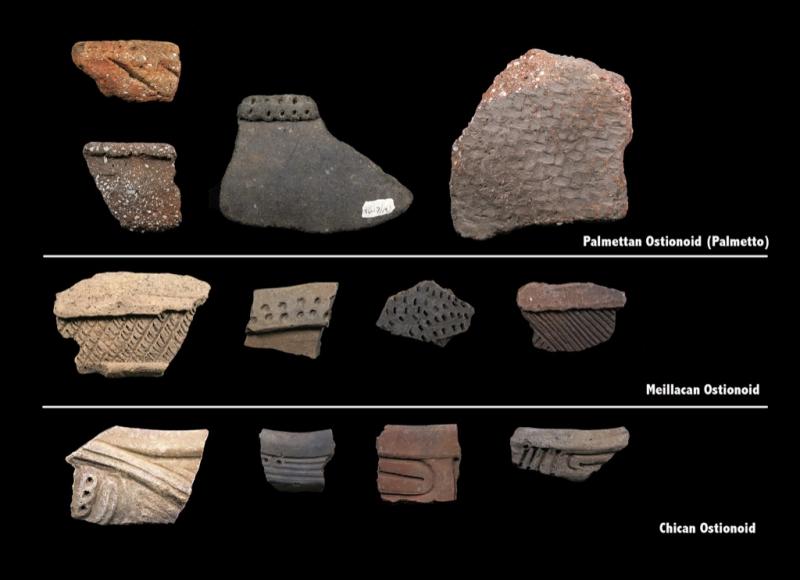 Pottery sherds on a black background
