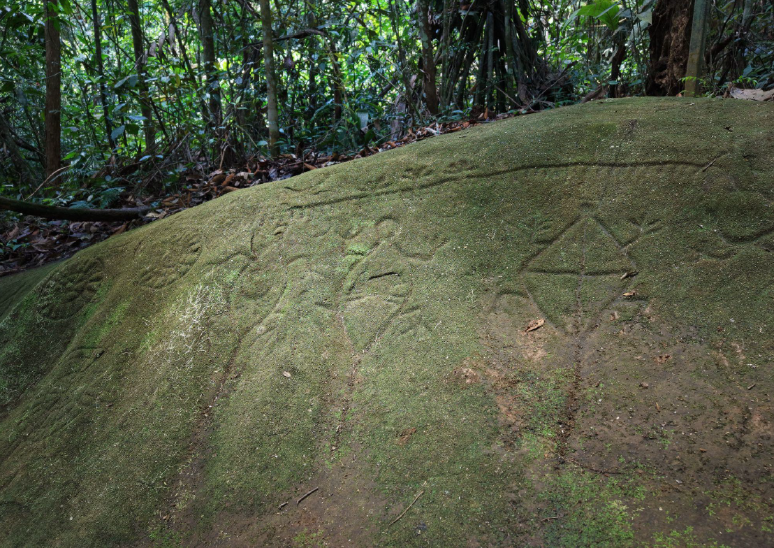 rock art on a mossy rock in the forest