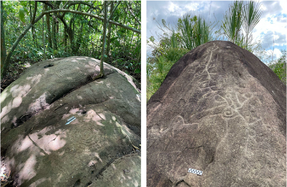 Two pics of rocks with carved rock art