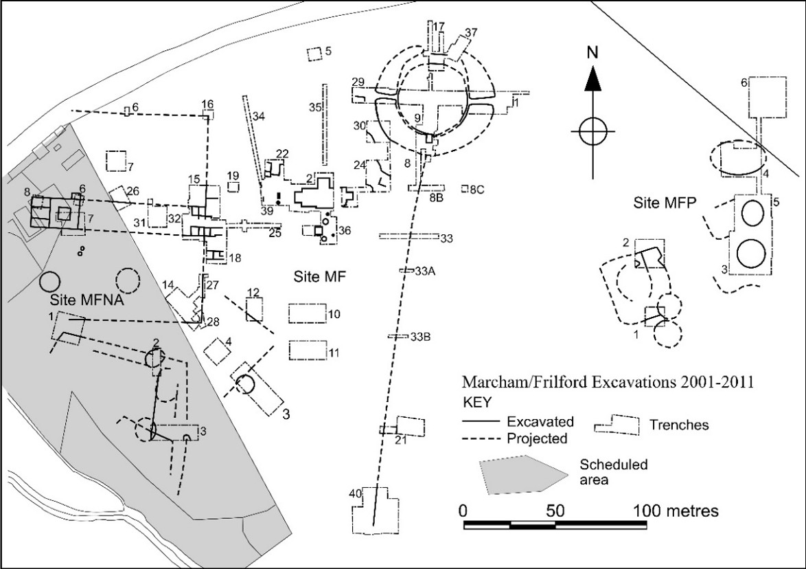 Plan of The excavated trenches at Marcham with the main site features:  enclosures, temple and arena
