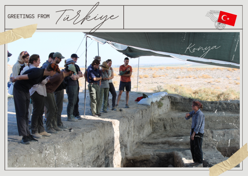 Photo of Dr Nancy Highcock in a large excavation trench and she is explaining the site to a bunch of public attendees