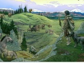 An artist's conception of a Native American and a dog in ancient America ETTORE MAZZA