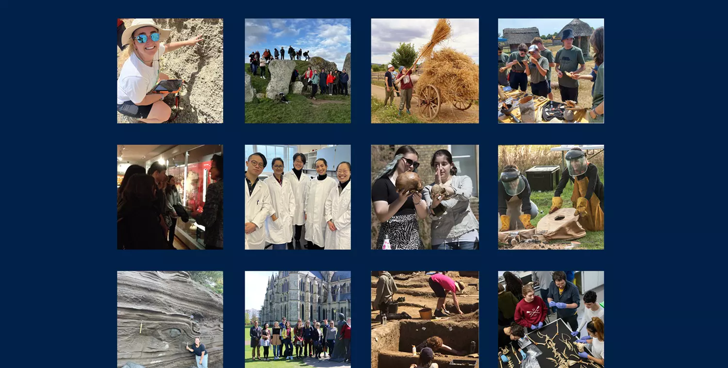 Grid of 12 photos of staff and students doing archaeology