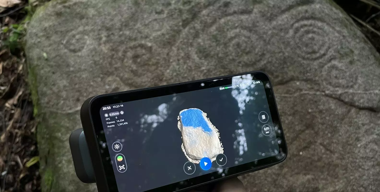 Petroglyph documentation using an EinScan Rigil scanner.