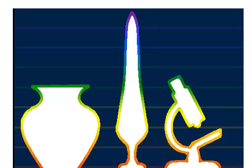A blue background with white vases and jars