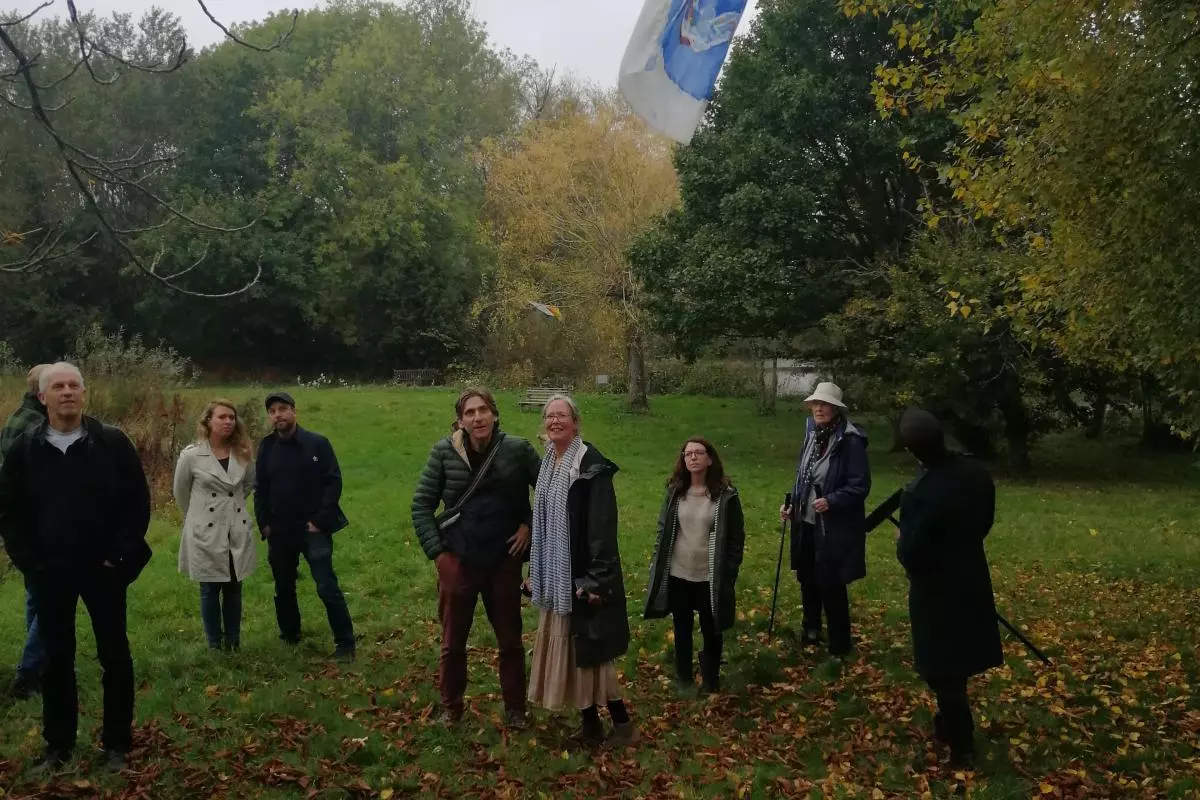 Silk painting installation in the Wolfson College gardens as part of the Ebb & Flow Project public engagement initiative
